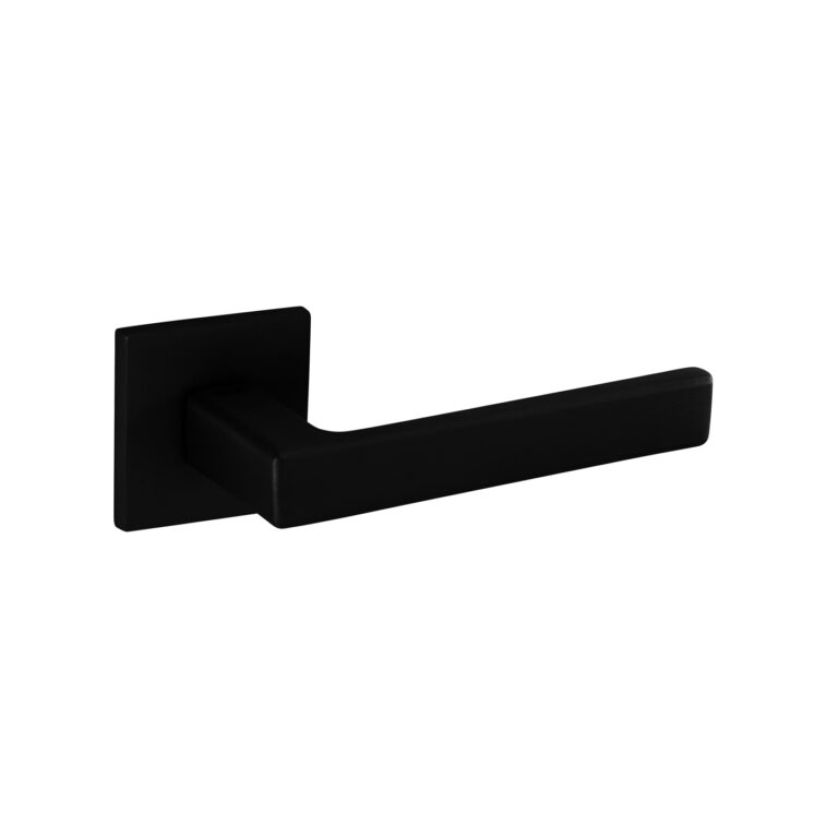 Un maner elegant cu rozetă pătrată neagră mat, modelul SONIA-5SQ, adaugă un aspect sofisticat și modern oricărui tip de ușă.