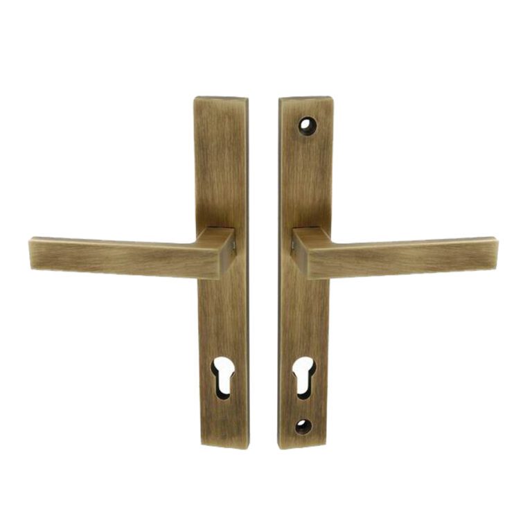 Un maner de securitate elegant și robust, de culoare bronz grafitat, cu model Salvo, potrivit pentru diverse tipuri de uși.