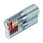 Mecanismul cilindrului ABUS A91_CT5N în secțiune, cu pini și arcuri, aliniere la linia de forfecare.